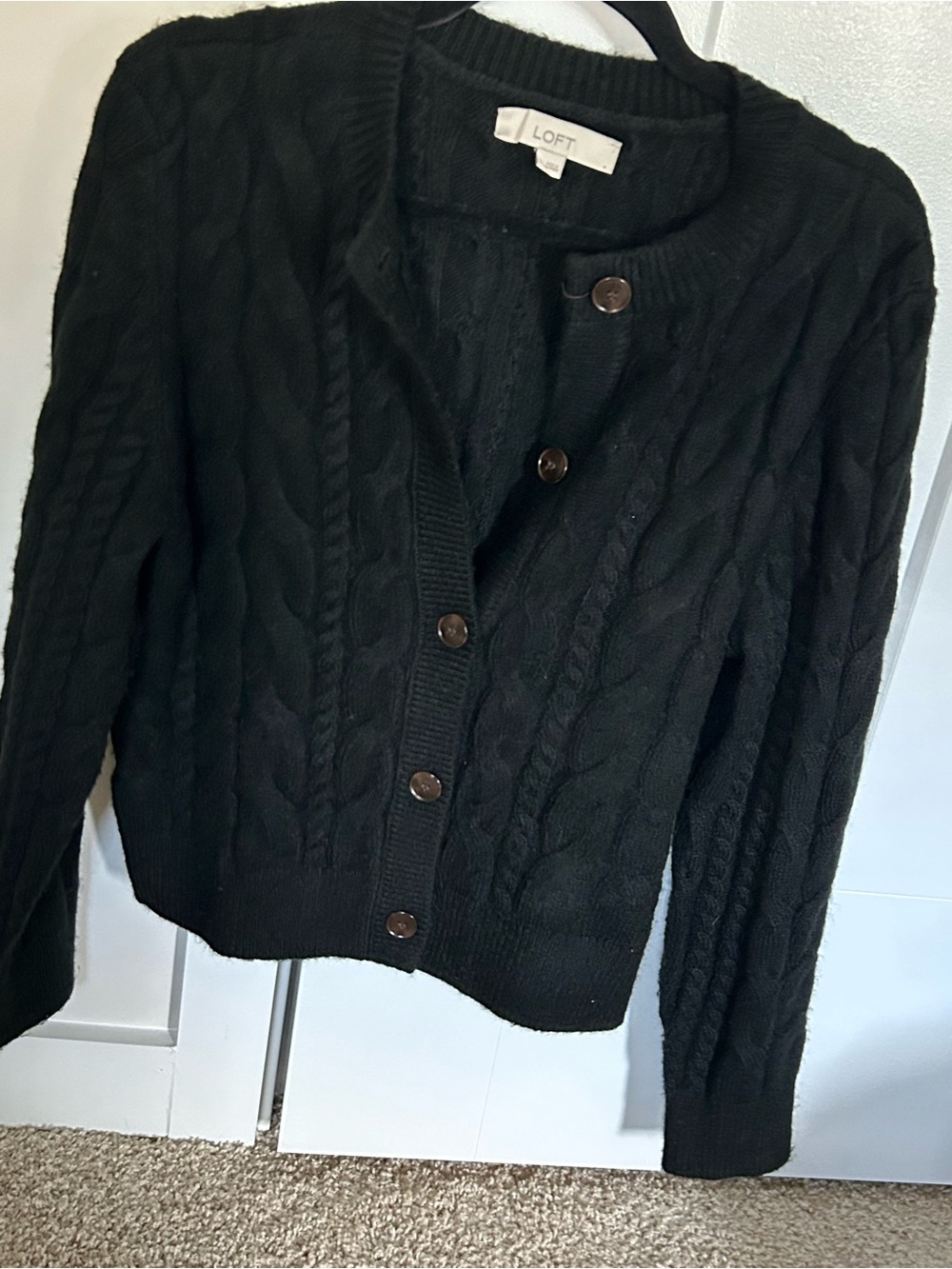 LOFT Black Cable Knit Button-Front Cardigan